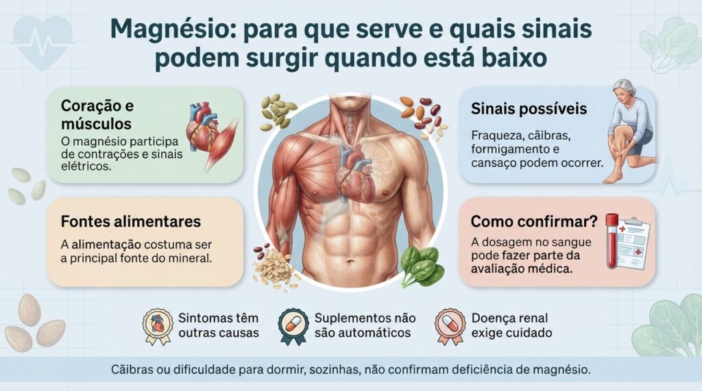 A deficiência de magnésio pode causar sintomas, mas a confirmação depende de avaliação clínica e exames.