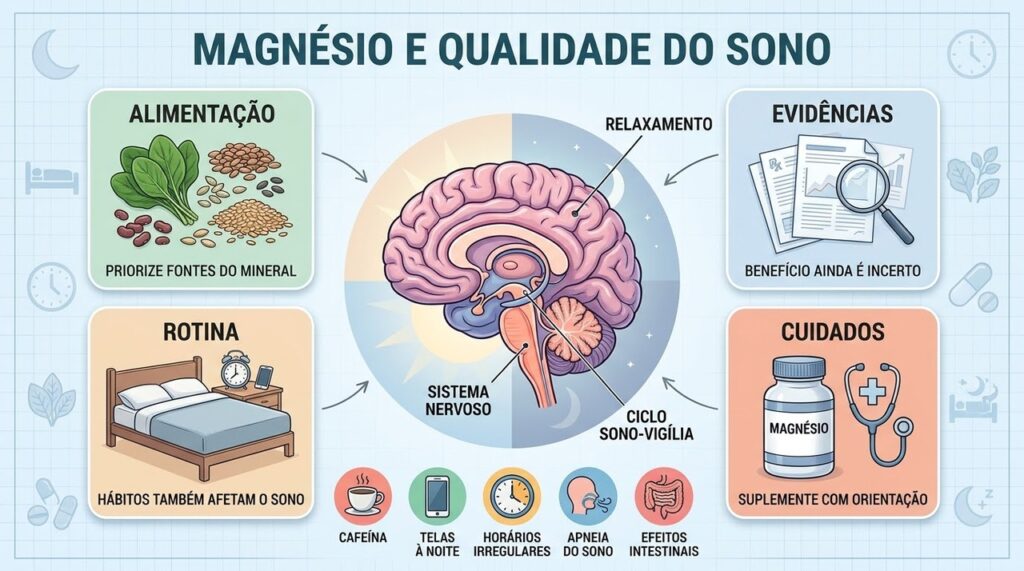 Alimentação, rotina e avaliação profissional ajudam a contextualizar o uso do magnésio.
