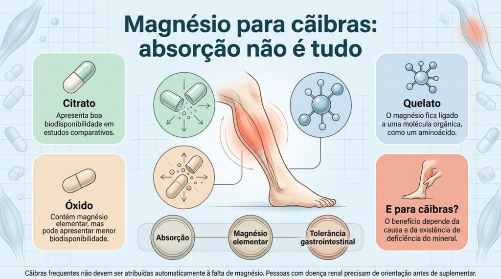 A forma mais bem absorvida nem sempre é a mais indicada para cãibras, porque a causa do sintoma também precisa ser considerada.