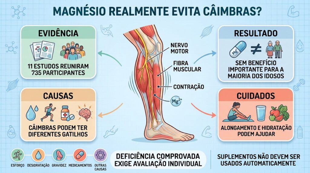 Evidências limitadas reforçam investigar causas das câimbras antes de recorrer ao magnésio.