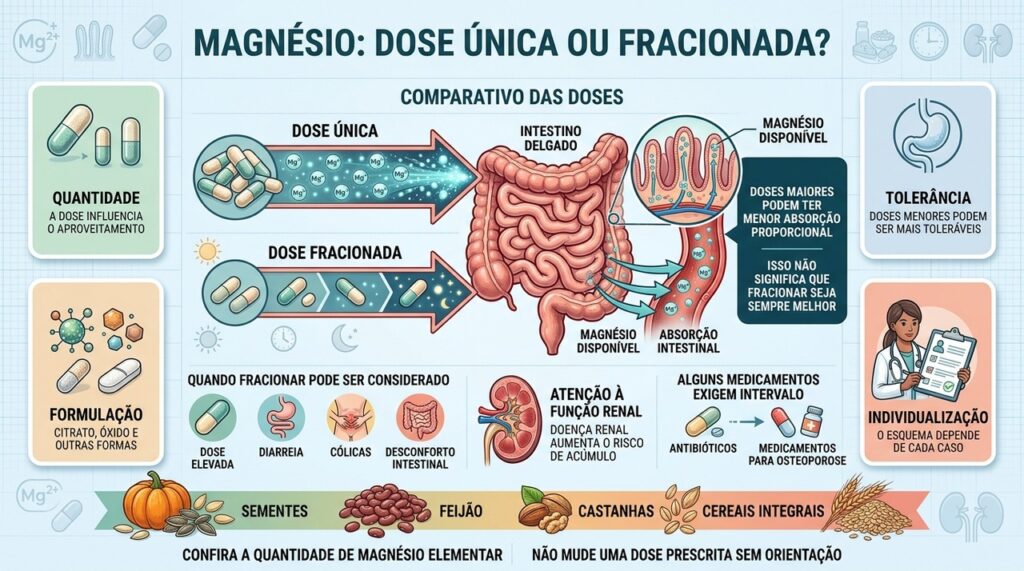 Dose, formulação, intestino e tolerância influenciam como o magnésio é aproveitado.