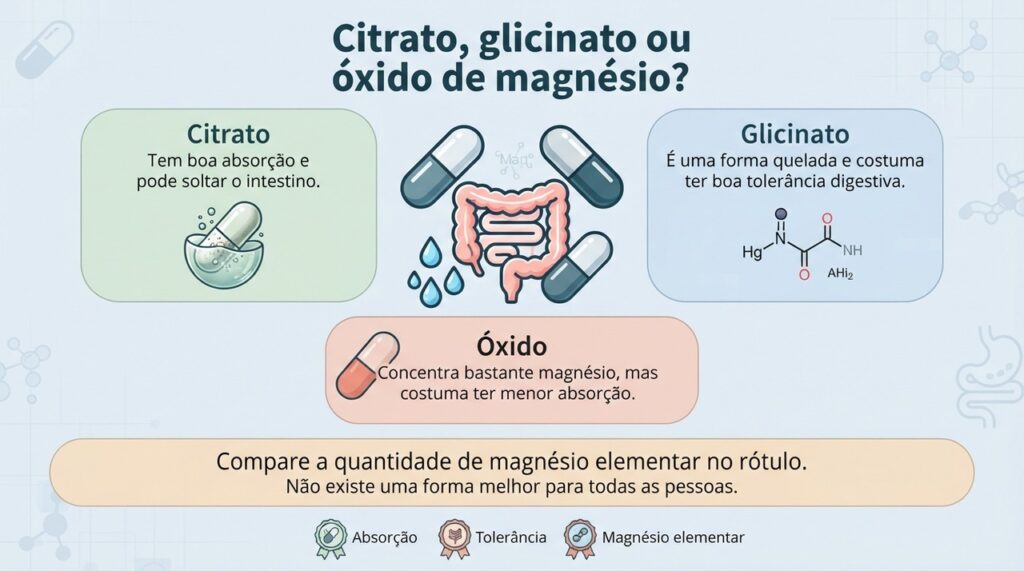 A escolha do tipo de magnésio depende da absorção, da tolerância intestinal, da dose e da necessidade de cada pessoa.