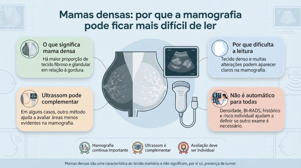 A densidade mamária pode reduzir a sensibilidade da mamografia, e exames complementares são considerados conforme o risco e os demais achados.