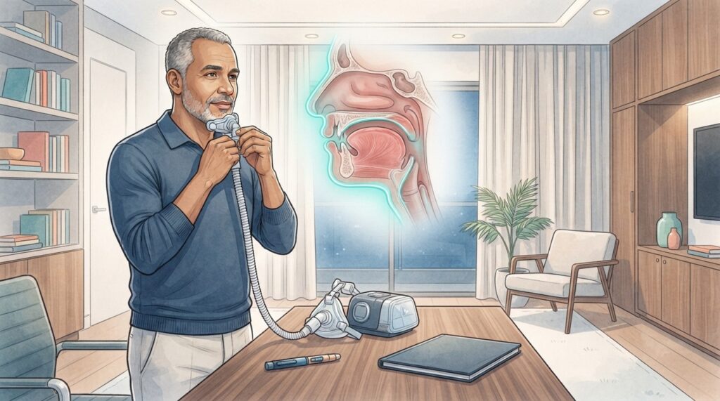 CPAP mantém as vias aéreas abertas, enquanto medicamentos atuam por mecanismos diferentes.