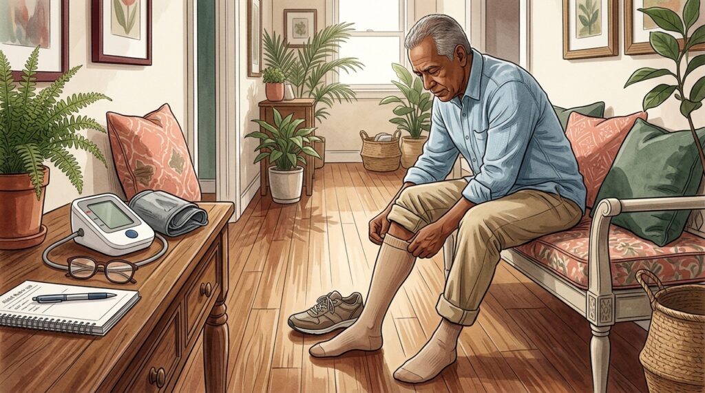 Ajuste correto das meias favorece o retorno venoso e o conforto diário.