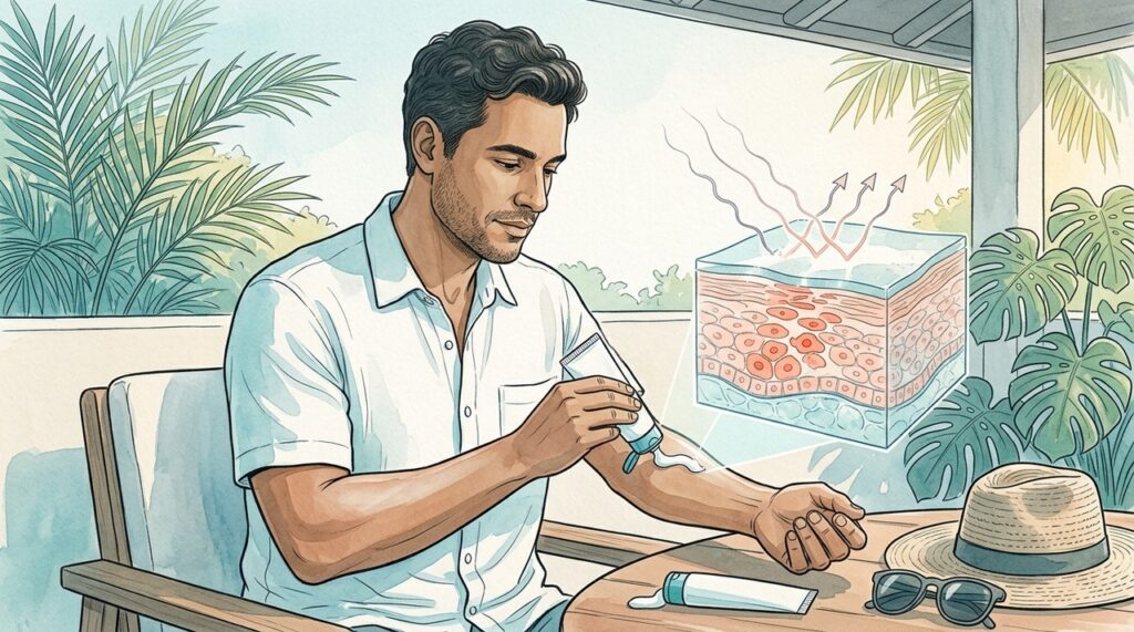 Protetor solar, roupas adequadas e sombra ajudam a prevenir reações durante o tratamento com antibióticos.