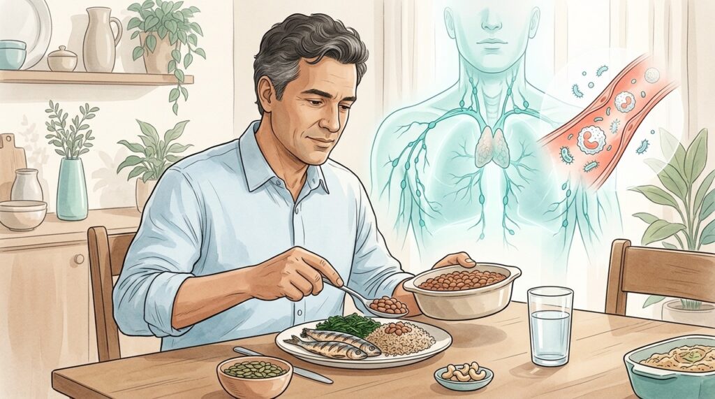 Zinco, vitamina D e uma alimentação variada apoiam diferentes funções do sistema imunológico.