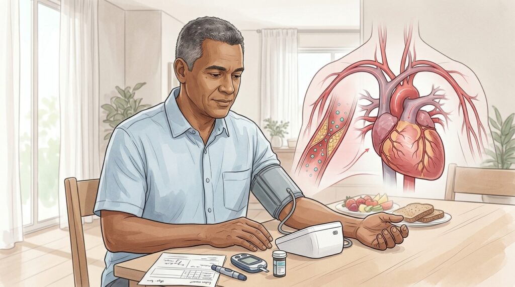 O risco cardiovascular aumenta quando pressão, glicose e colesterol permanecem descontrolados simultaneamente.