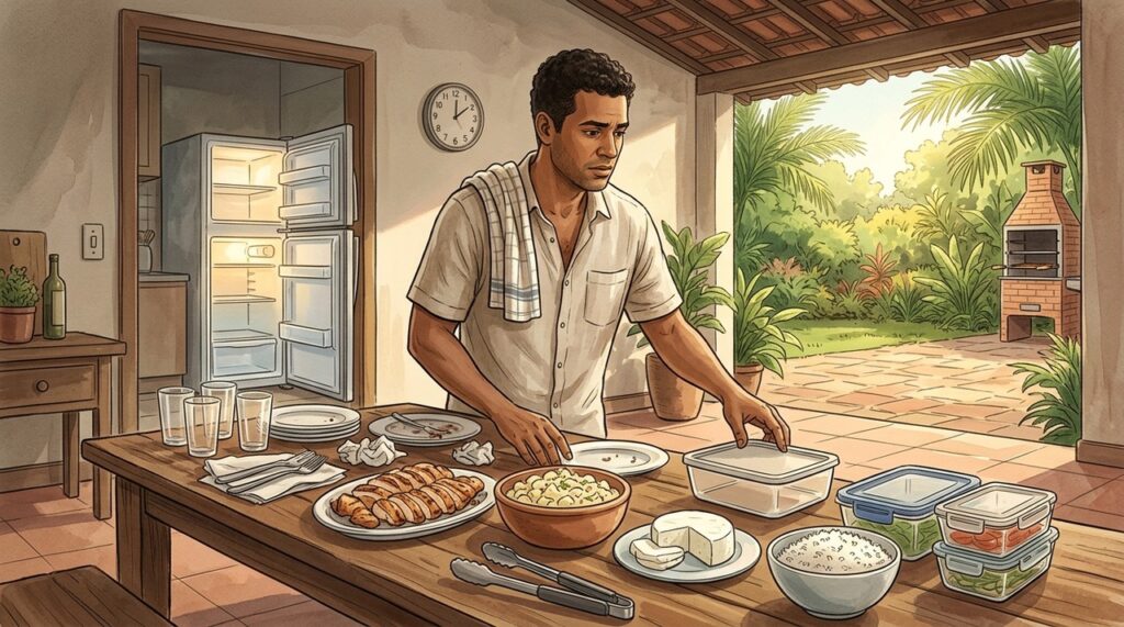 Sobras perecíveis devem voltar à refrigeração antes que o tempo aumente o risco.