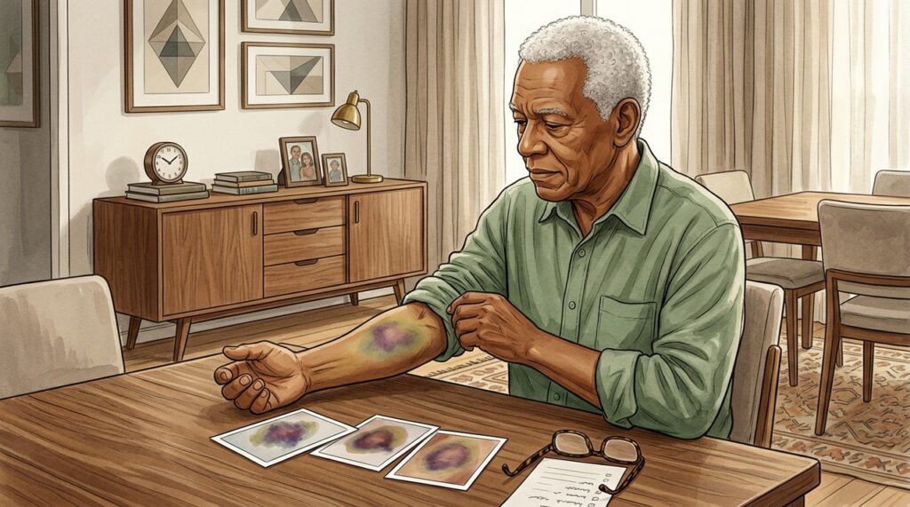 Mudanças de roxo para verde e amarelo podem acompanhar a reabsorção do hematoma.
