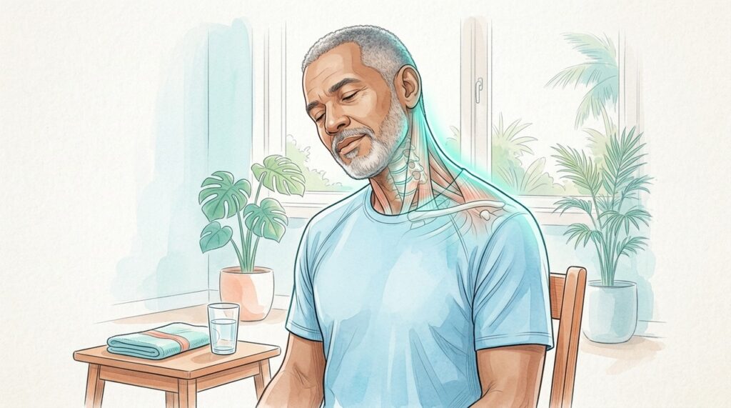 Inclinação lateral, rotação e flexão suave ajudam a preservar a mobilidade cervical.