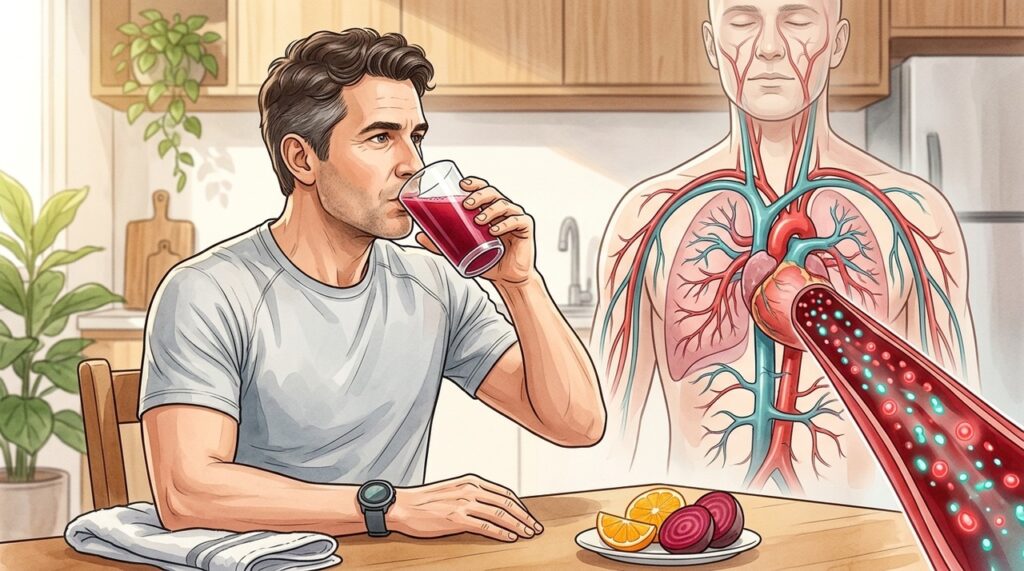O nitrato da beterraba pode favorecer a circulação quando o suco integra uma rotina equilibrada.