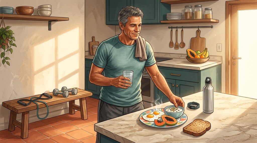 Proteína e movimento pela manhã favorecem saciedade, disposição e gasto energético diário.