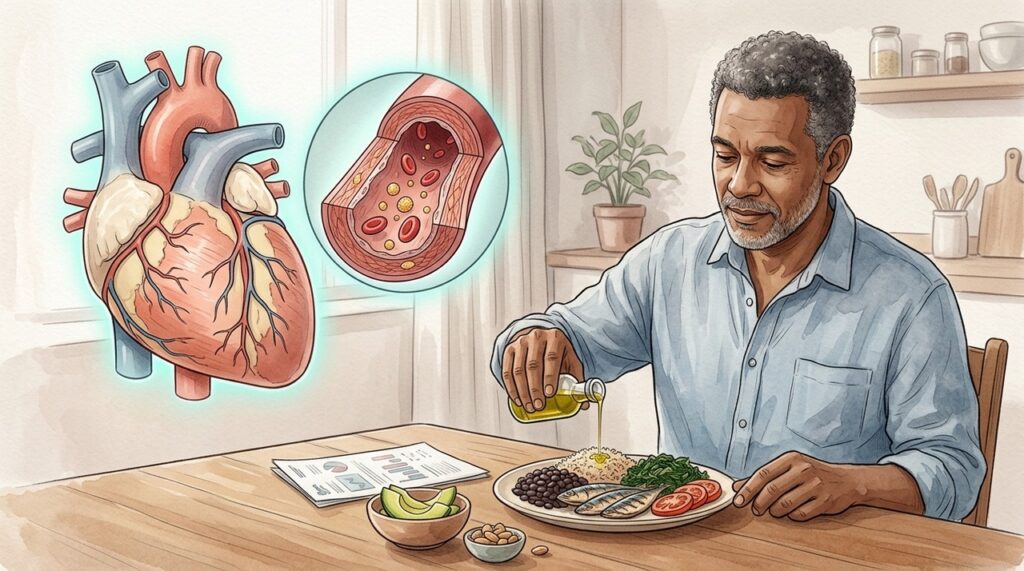 Azeite, sardinha e leguminosas favorecem escolhas alimentares que protegem a saúde cardiovascular.