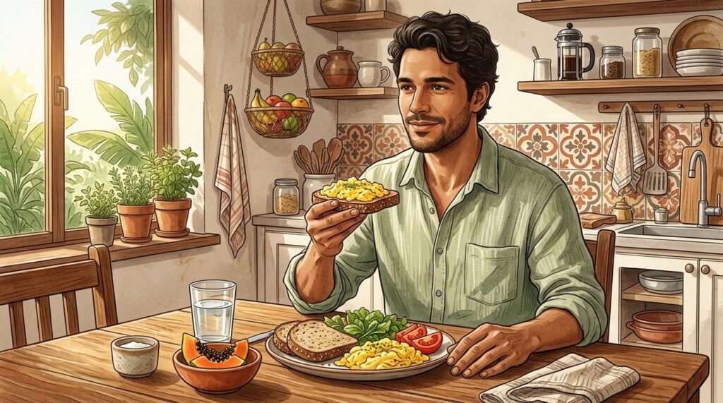 Pão integral, ovo e vegetais combinam proteínas, fibras e variedade nutricional.