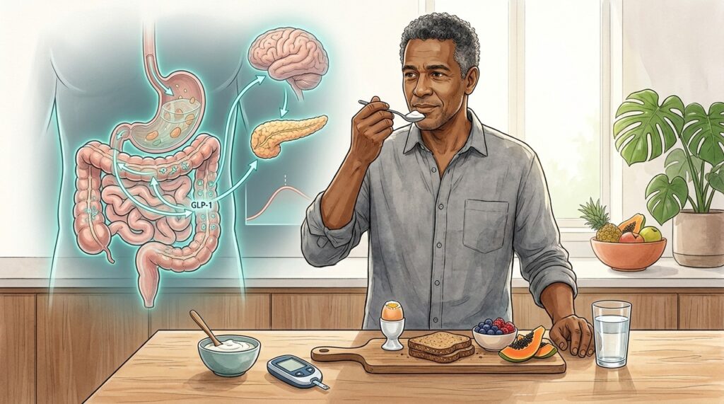 Proteína primeiro favorece saciedade e uma resposta glicêmica mais gradual.