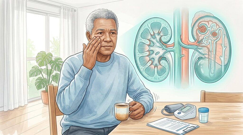Olhos inchados, urina espumosa e pressão alta merecem investigação da função renal.