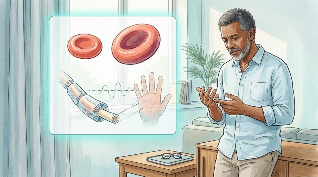 Formigamento e alterações do equilíbrio podem surgir quando a deficiência de vitamina B12 afeta os nervos.