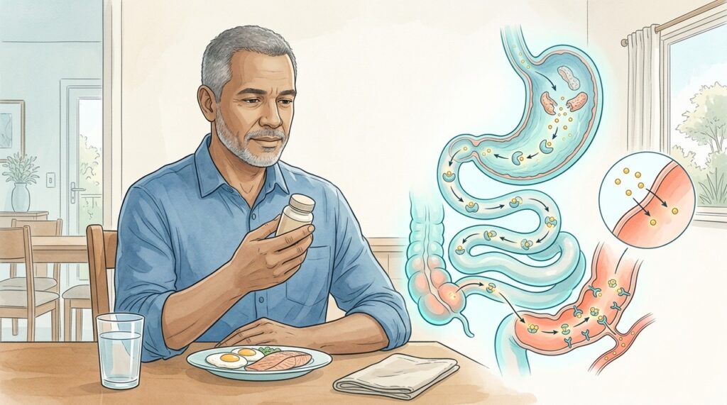Do alimento à circulação, a absorção da B12 percorre etapas específicas no sistema digestivo.