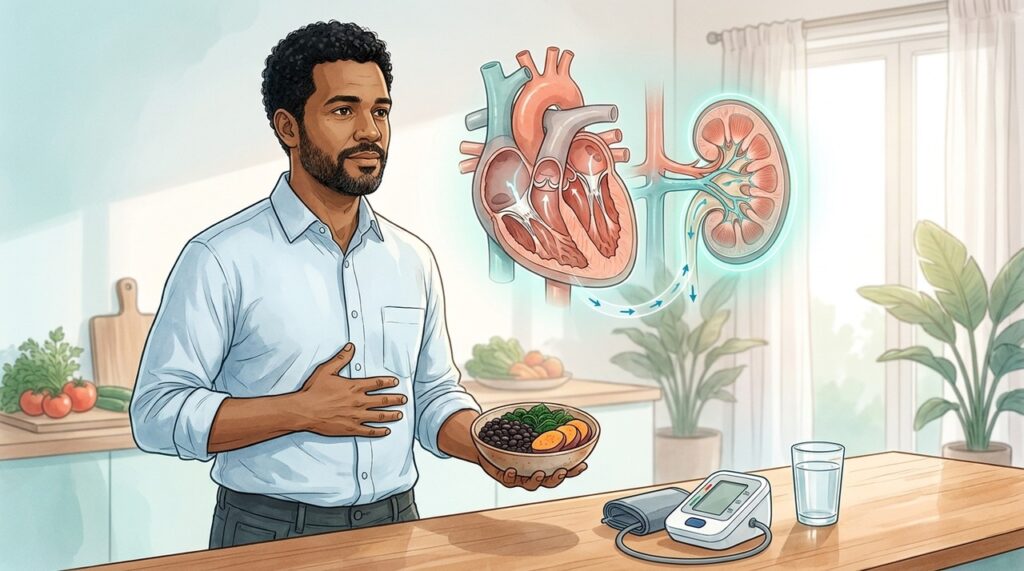 Feijão, verduras e outros alimentos ricos em potássio ajudam a equilibrar a alimentação.