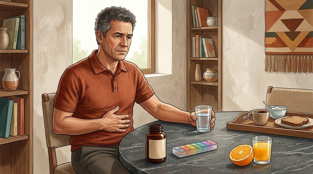 Vitamina C pode favorecer a absorção, enquanto o ferro causa desconforto em alguns.