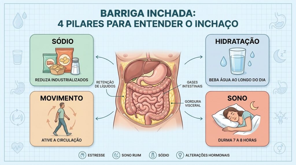 Sódio, hidratação, movimento e sono ajudam a controlar o inchaço abdominal.