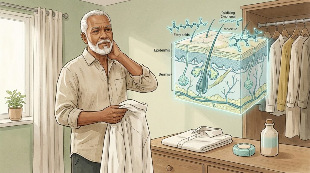 Oxidação dos lipídios da pele explica parte do odor associado ao envelhecimento natural.