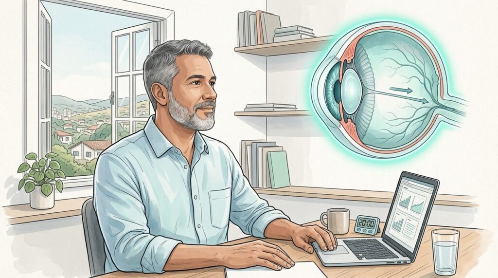Pausas visuais frequentes podem aliviar ardência, ressecamento e visão embaçada temporária.