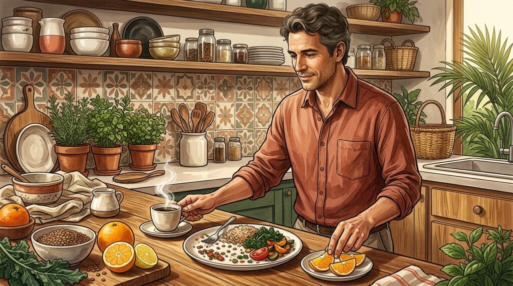 Pão integral, ovo e vegetais combinam proteínas, fibras e variedade nutricional.