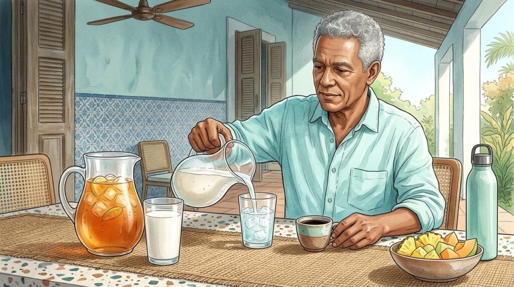 Água de coco, leite, chás e café também contribuem para o balanço hídrico.
