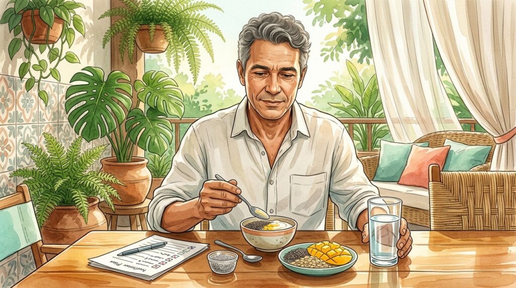 Fibras da chia exigem água e moderação na rotina alimentar.