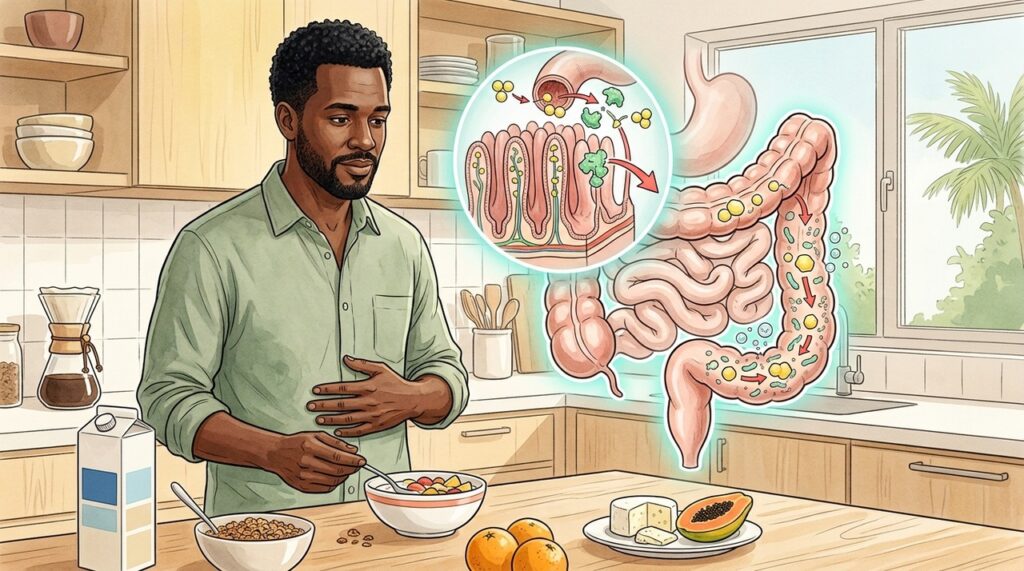 Gases, inchaço e cólicas podem surgir quando a lactose chega ao intestino sem digestão.