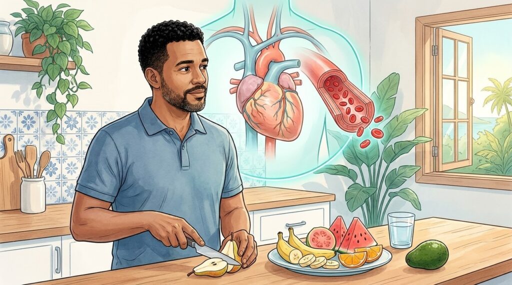 O consumo regular de frutas favorece pressão arterial e colesterol dentro de hábitos saudáveis.