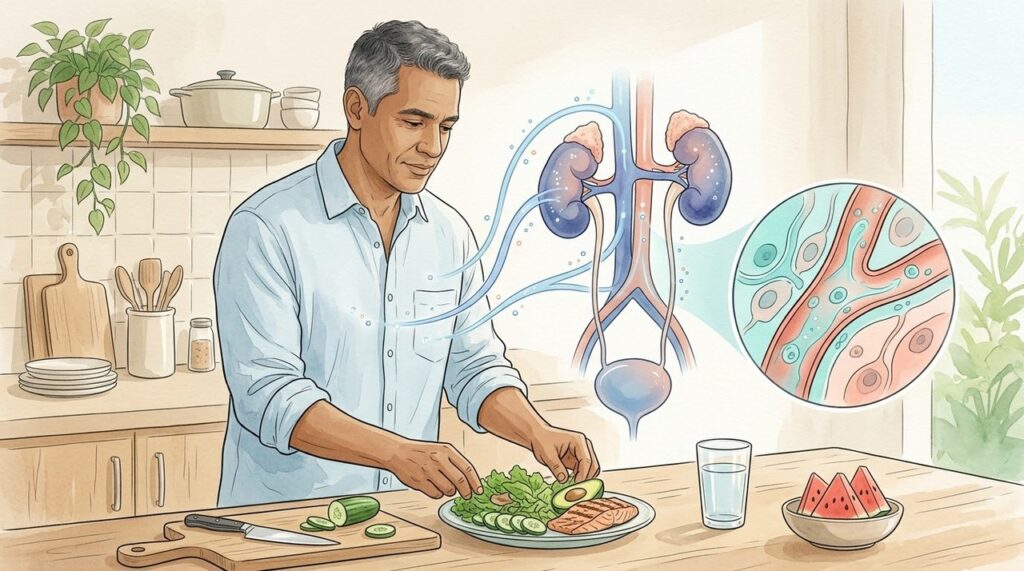 Água, vegetais e fontes de potássio ajudam a compor uma rotina alimentar equilibrada.
