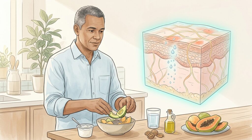 Gorduras boas e vitaminas contribuem para a hidratação e a proteção da pele de dentro para fora.