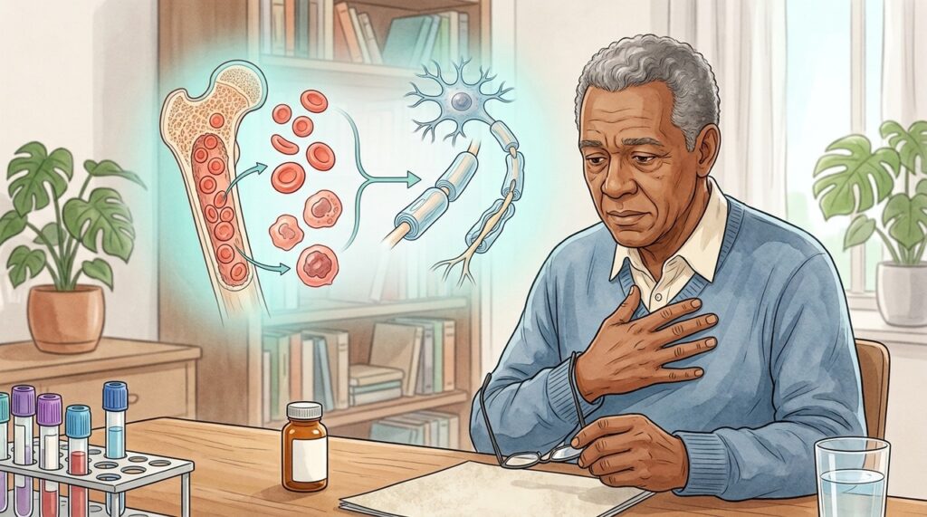 Na deficiência de B12, anemia pode acompanhar alterações neurológicas que exigem investigação específica.