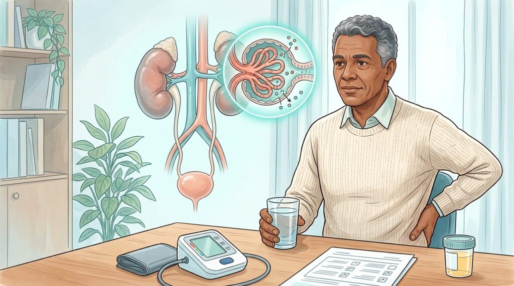 Inchaço e pressão alta junto à espuma reforçam a necessidade de investigação renal.