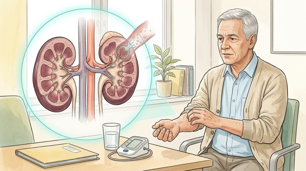 Na doença renal crônica, inflamação, alterações minerais e ressecamento podem contribuir para o prurido.