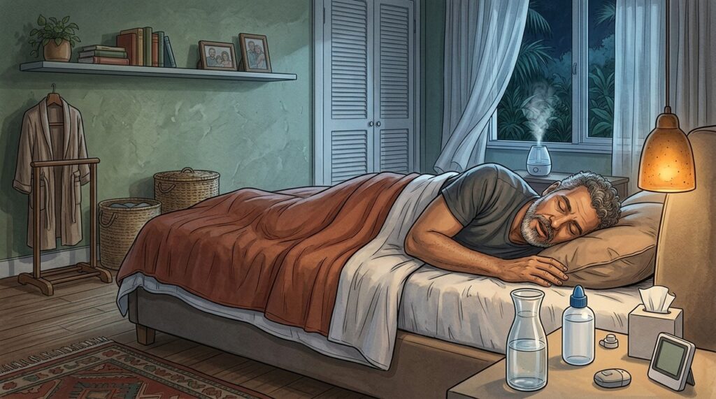 Dormir com a boca aberta favorece evaporação da saliva e ressecamento matinal.