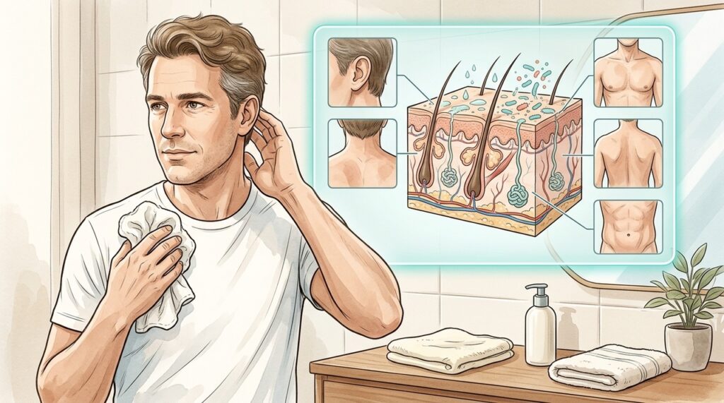 Costas, peito e umbigo podem reter umidade e resíduos que contribuem para o odor corporal.