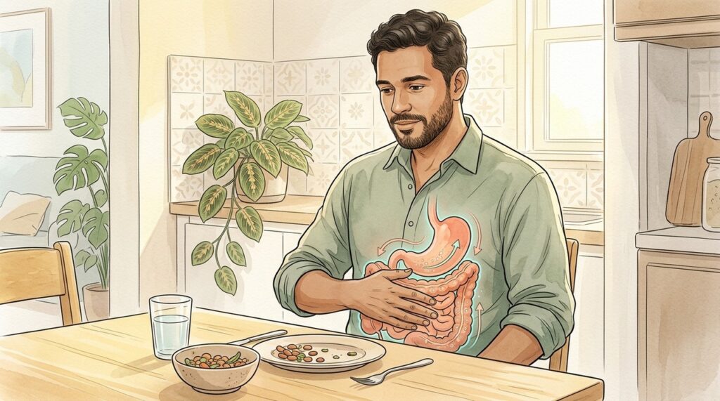 O reflexo gastrocólico estimula contrações intestinais após comer e pode provocar desconforto passageiro.
