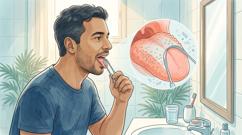 Limpar a língua diariamente complementa a escovação e ajuda a reduzir o odor bucal.