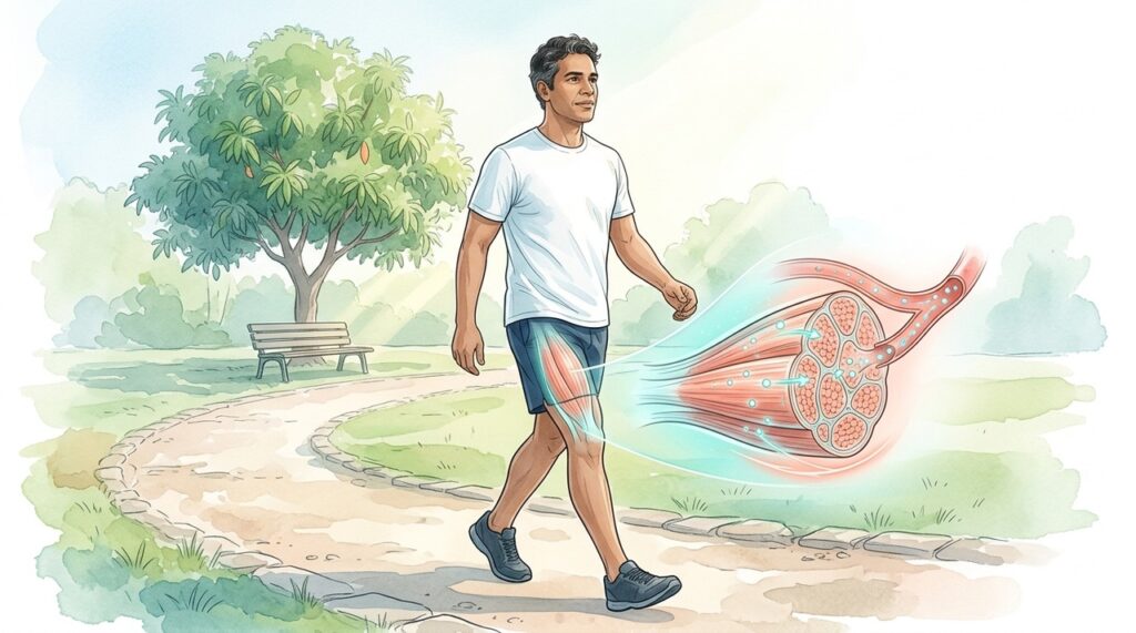 Durante a caminhada, os músculos captam glicose do sangue e contribuem para equilibrar seus níveis.