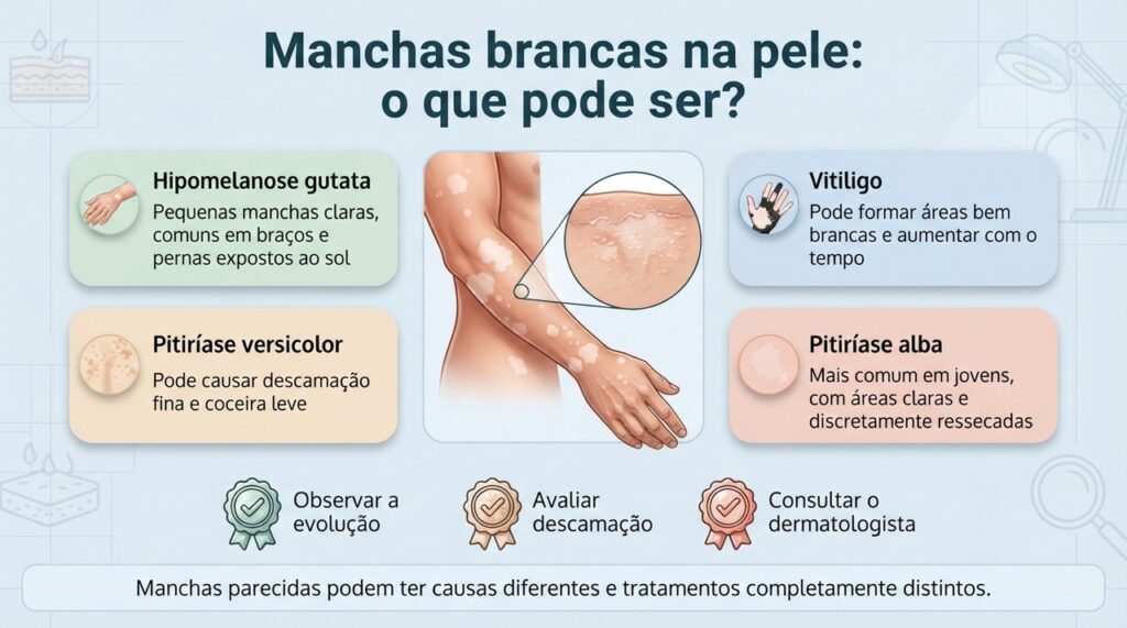 Comparar tamanho, distribuição, descamação e evolução das manchas ajuda a orientar a investigação, mas o diagnóstico pode exigir avaliação dermatológica.
