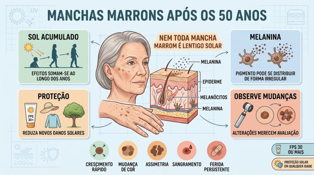 Sol, melanina, proteção e mudanças suspeitas orientam os cuidados após os 50.