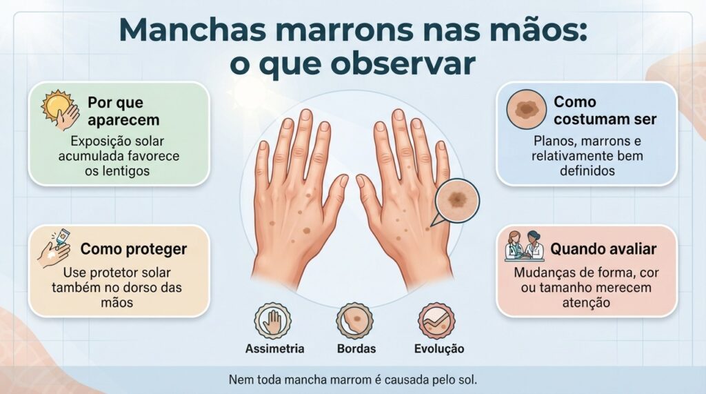 Manchas estáveis podem ser benignas, mas mudanças na aparência devem ser avaliadas por um dermatologista.