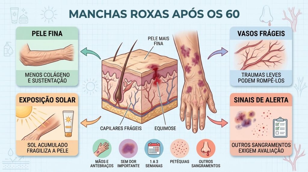 Pele fina, vasos frágeis e exposição solar ajudam a explicar a púrpura.