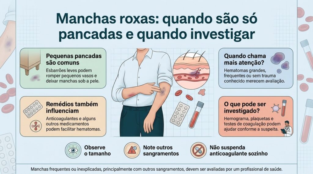 O padrão dos hematomas — frequência, tamanho, ausência de trauma e outros sangramentos — ajuda a definir quando investigar.