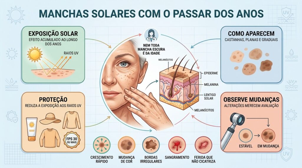 Exposição solar, melanina, proteção e mudanças suspeitas orientam os cuidados com manchas.