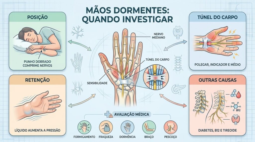 Posição ao dormir, túnel do carpo e outras condições podem explicar mãos dormentes.